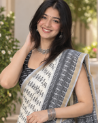 Silver Grey Floral Medallion Chanderi Saree