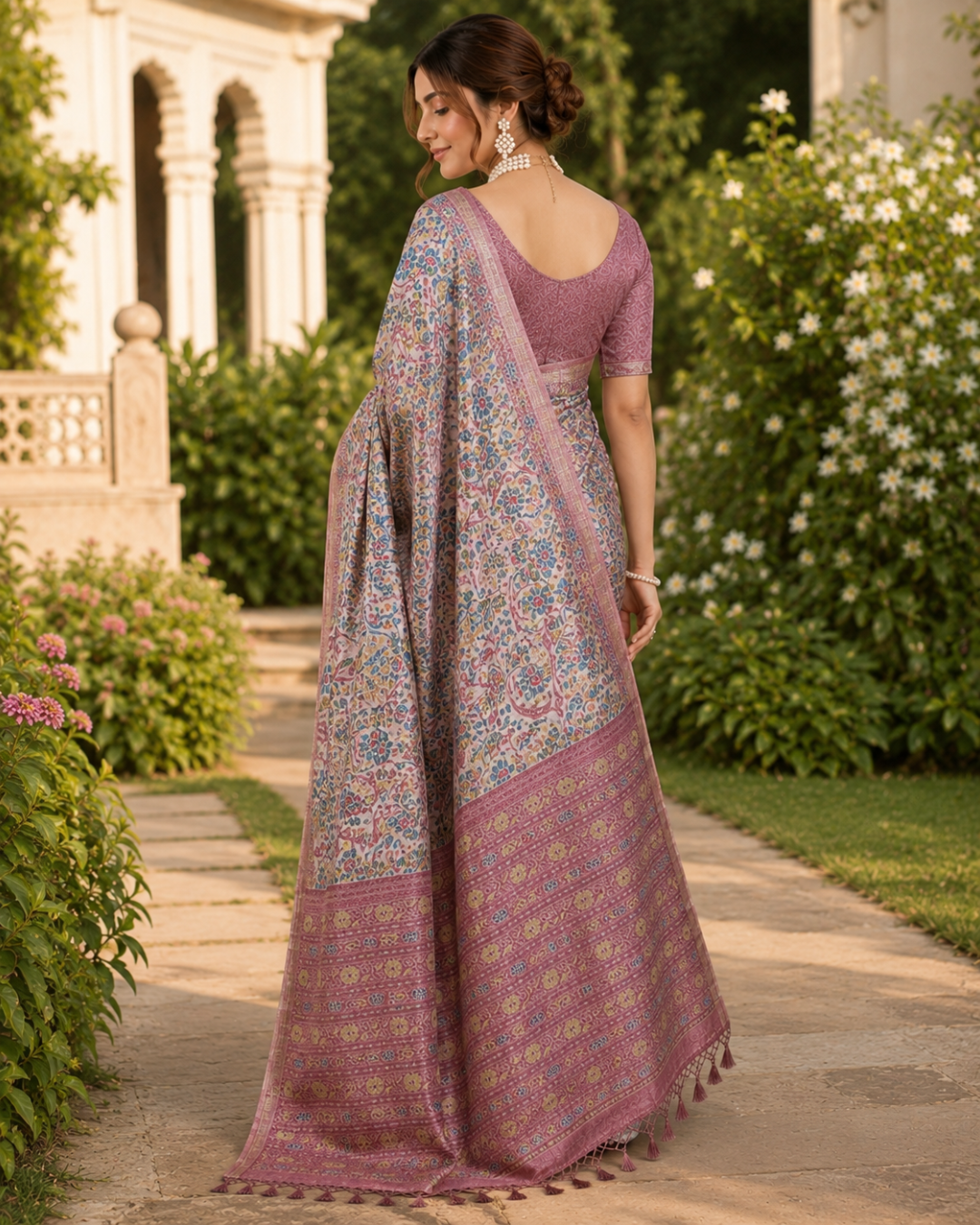 Lavender Mauve Floral Kalamkari Jaal Premium Silk Saree