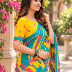 Yellow & Teal Bold Striped Saree