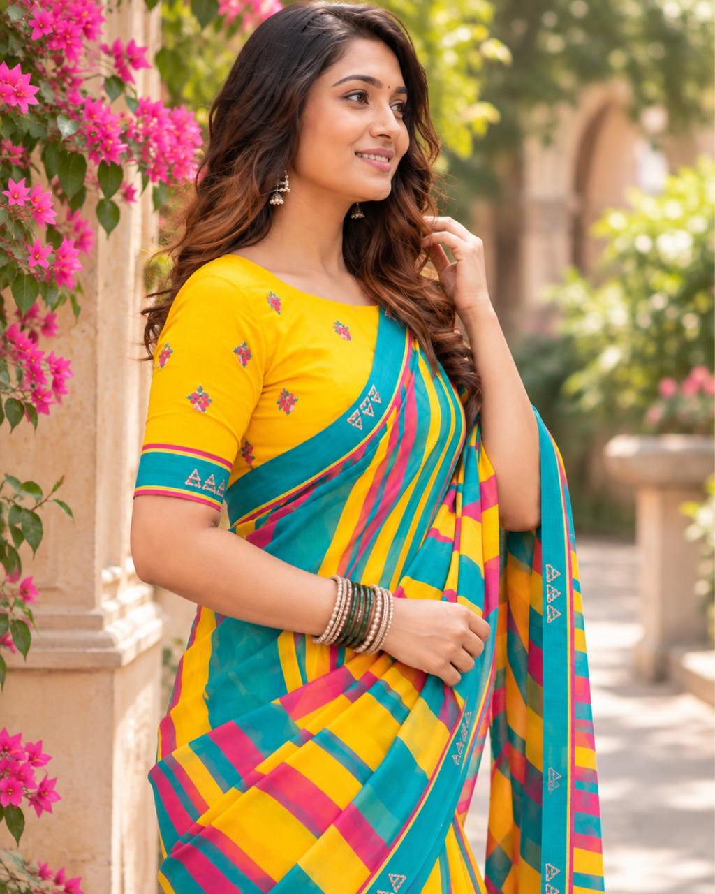 Yellow & Teal Bold Striped Saree