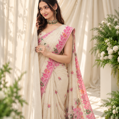Ivory Floral Vine Jamdani Cotton Saree