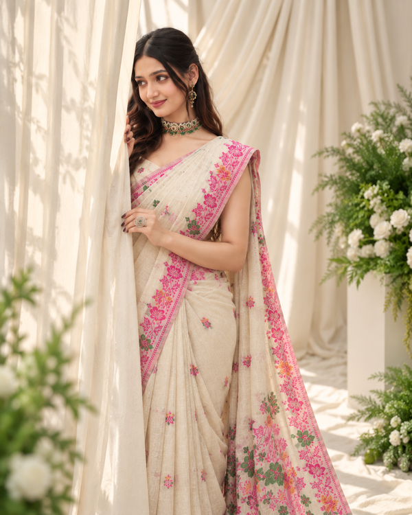 Ivory Floral Vine Jamdani Cotton Saree