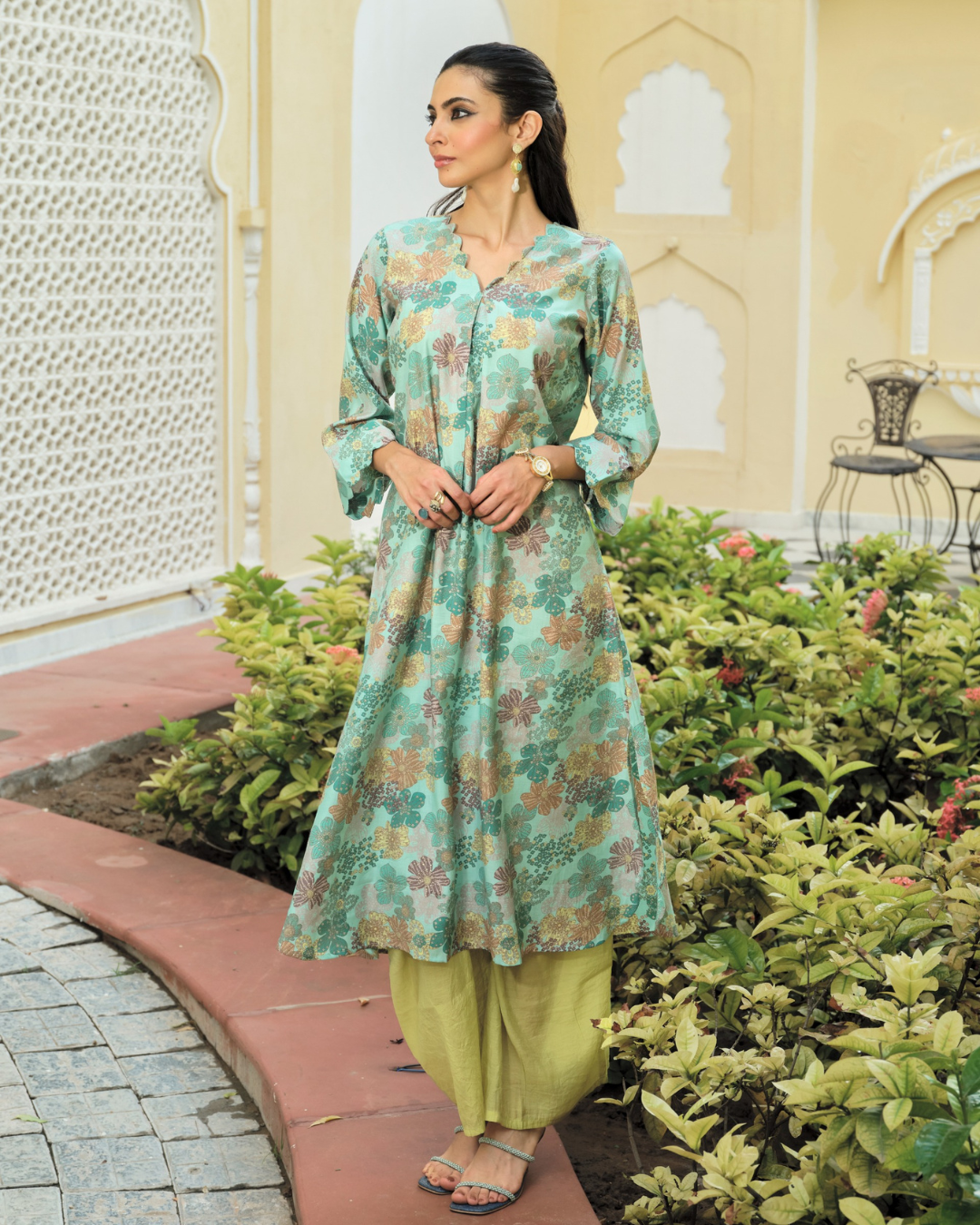 Seafoam Garden Floral Kurti Set