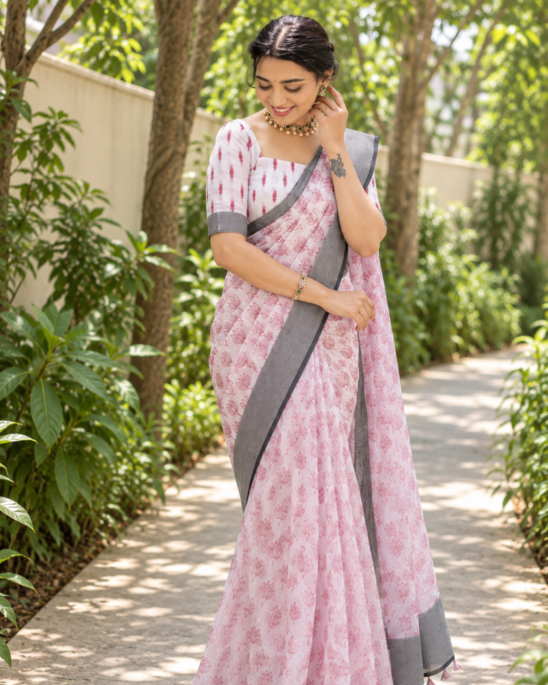 Blush Pink Booti Block Chanderi Saree
