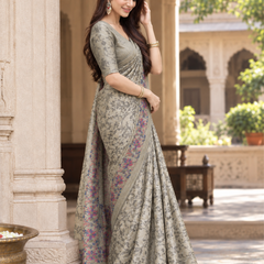 Silver Champagne Floral Vine Brocade Premium Silk Saree