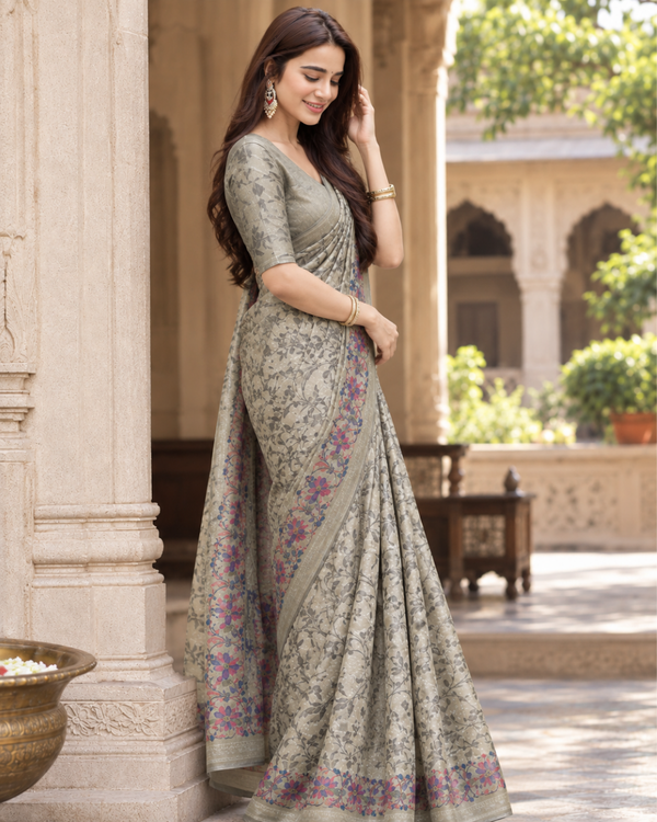 Silver Champagne Floral Vine Brocade Premium Silk Saree