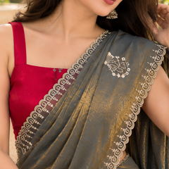 Charcoal Grey Gold Shimmer Scallop Premium Silk Saree
