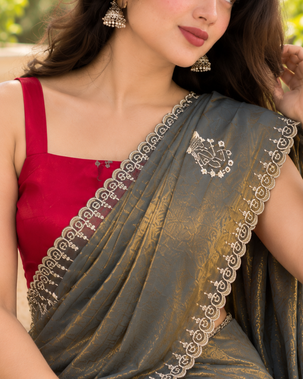 Charcoal Grey Gold Shimmer Scallop Premium Silk Saree