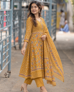 Mustard Floral Anarkali Kurti Set