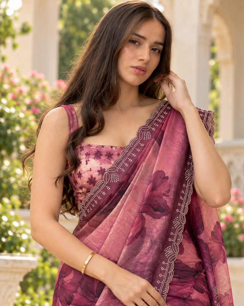 Mauve Purple Watercolor Floral Fandy Silk Saree