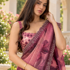 Mauve Purple Watercolor Floral Fandy Silk Saree