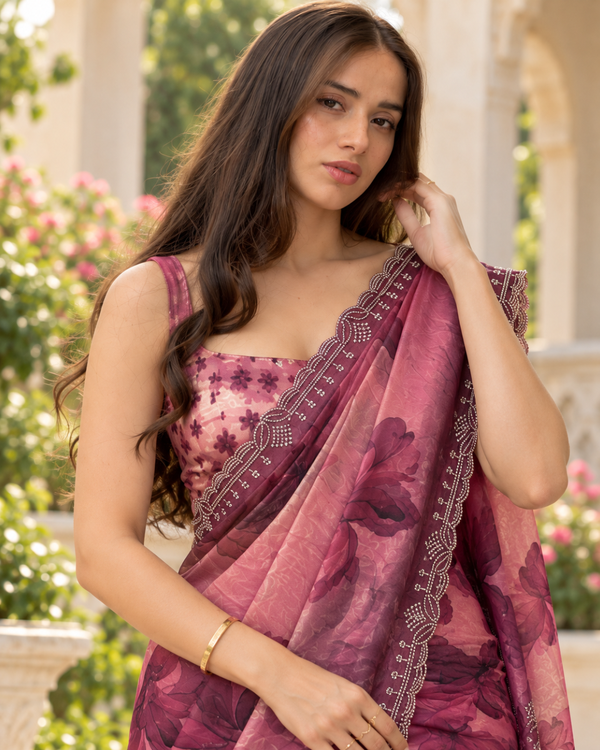 Mauve Purple Watercolor Floral Fandy Silk Saree