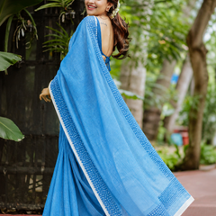 Ocean Blue Fine Leheriya Striped Linen Saree