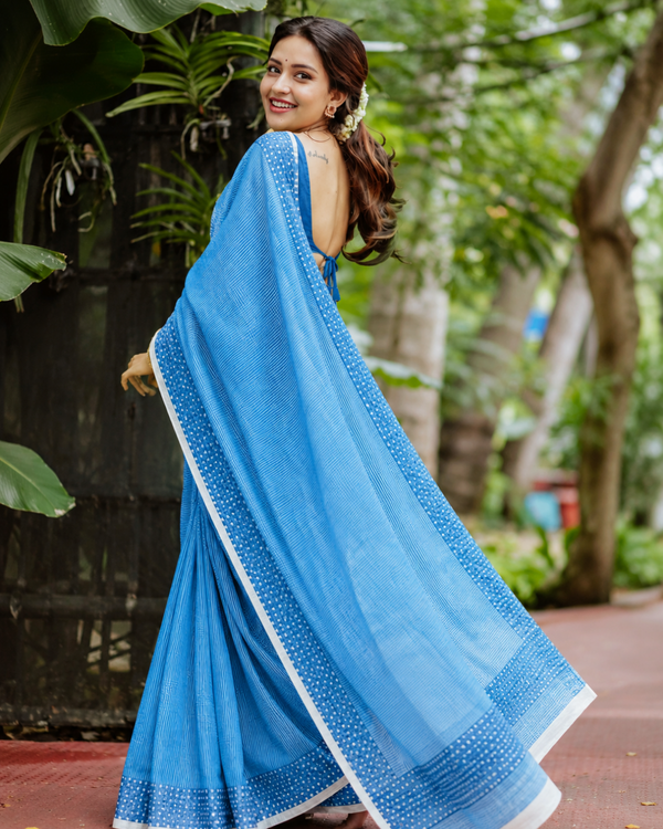 Ocean Blue Fine Leheriya Striped Linen Saree