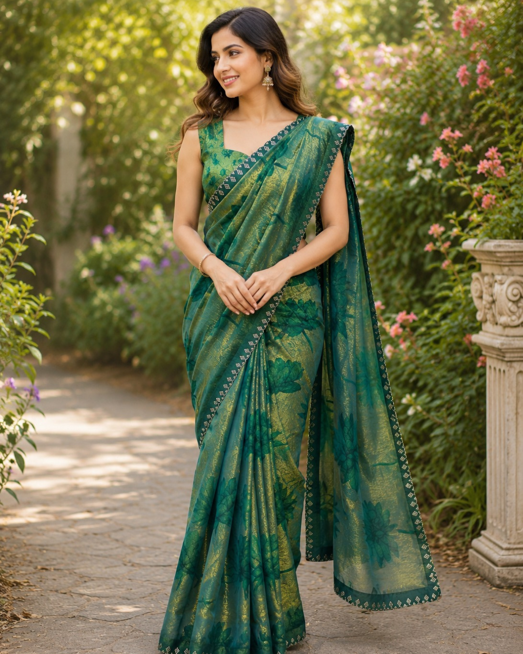 Emerald Green Floral Vine Fandy Silk Saree