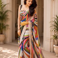 Multicolor Abstract Printed Georgette Saree
