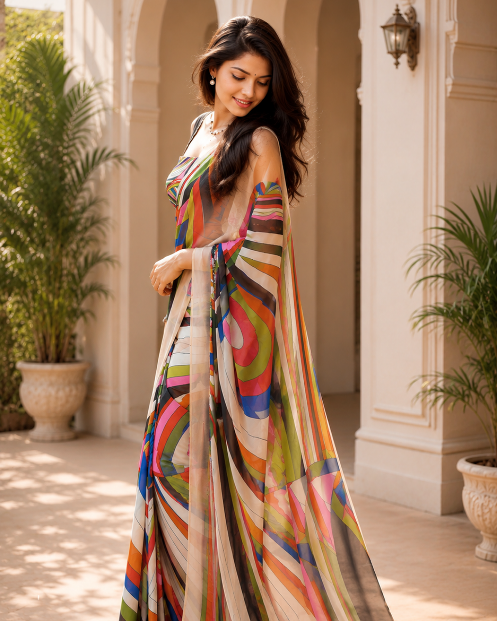 Multicolor Abstract Printed Georgette Saree