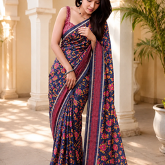 Navy Blue Floral Printed Chanderi Saree