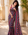Navy Blue Floral Printed Chanderi Saree