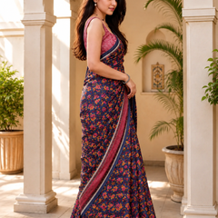 Navy Blue Floral Printed Chanderi Saree