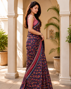 Navy Blue Floral Printed Chanderi Saree