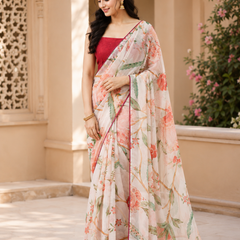 Ivory Floral Printed Georgette Saree