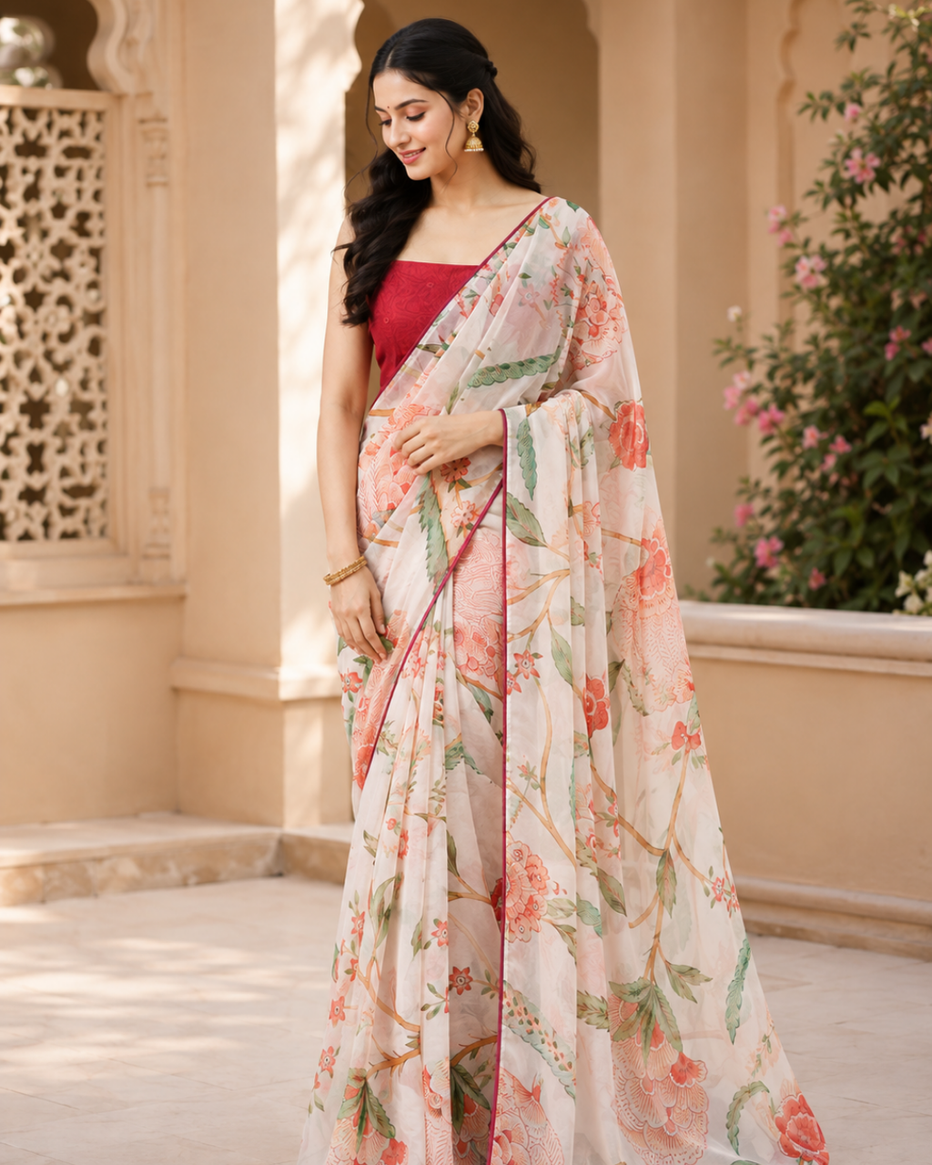 Ivory Floral Printed Georgette Saree