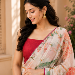 Ivory Floral Printed Georgette Saree