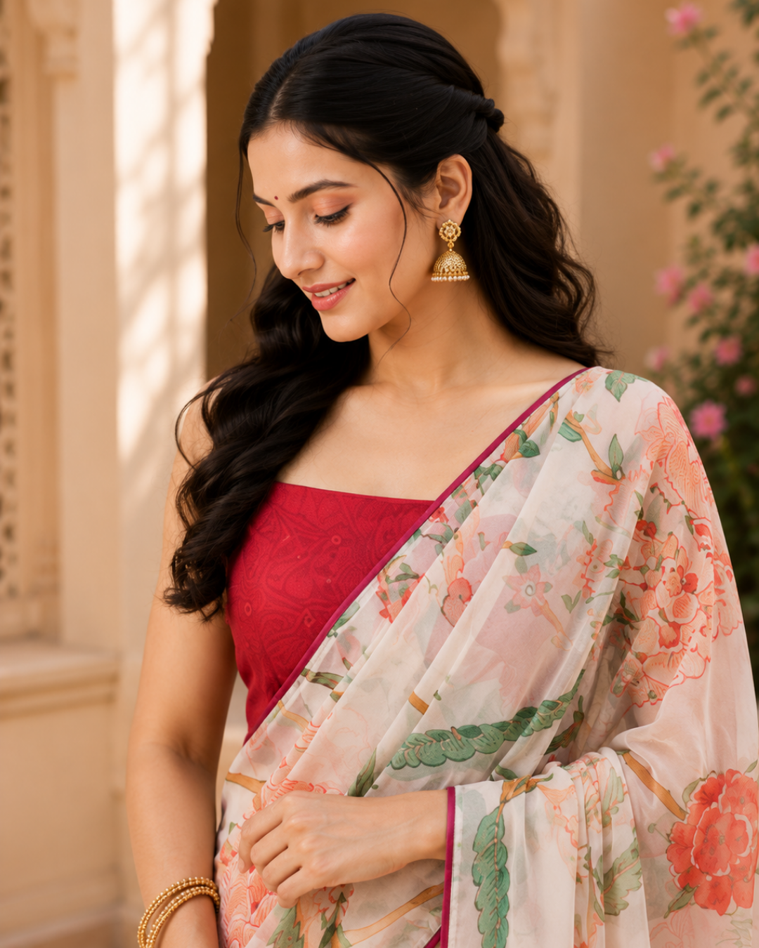 Ivory Floral Printed Georgette Saree