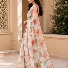 Ivory Floral Printed Georgette Saree