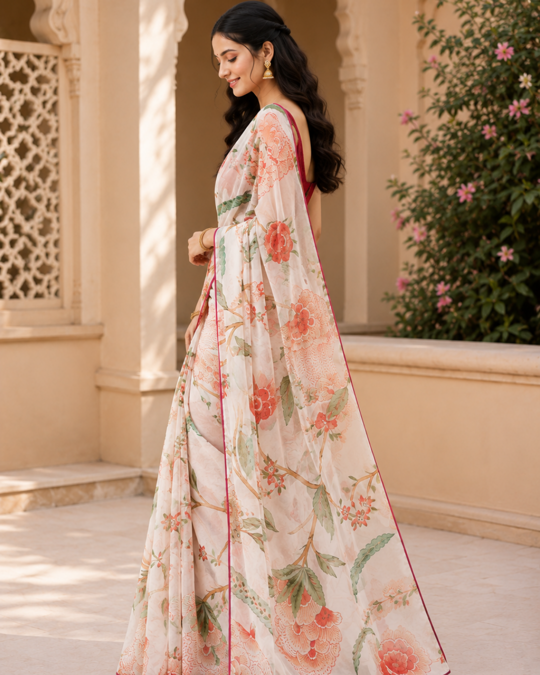 Ivory Floral Printed Georgette Saree