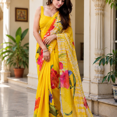 Sunshine Yellow Floral Printed Georgette Saree