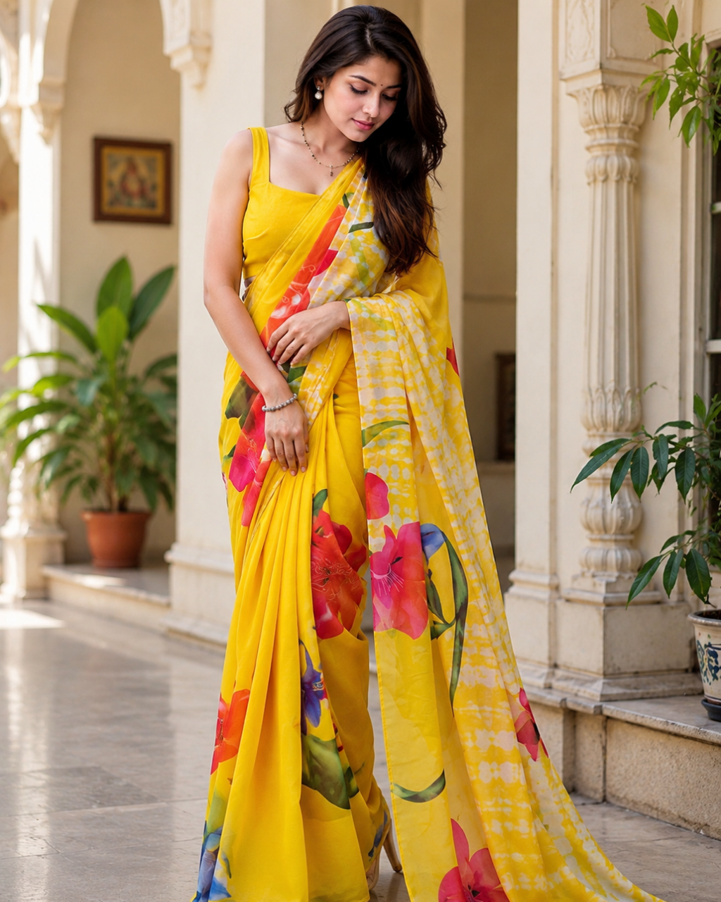 Sunshine Yellow Floral Printed Georgette Saree