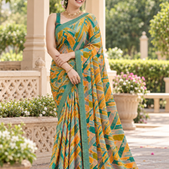 Teal Amber Abstract Mosaic Saree
