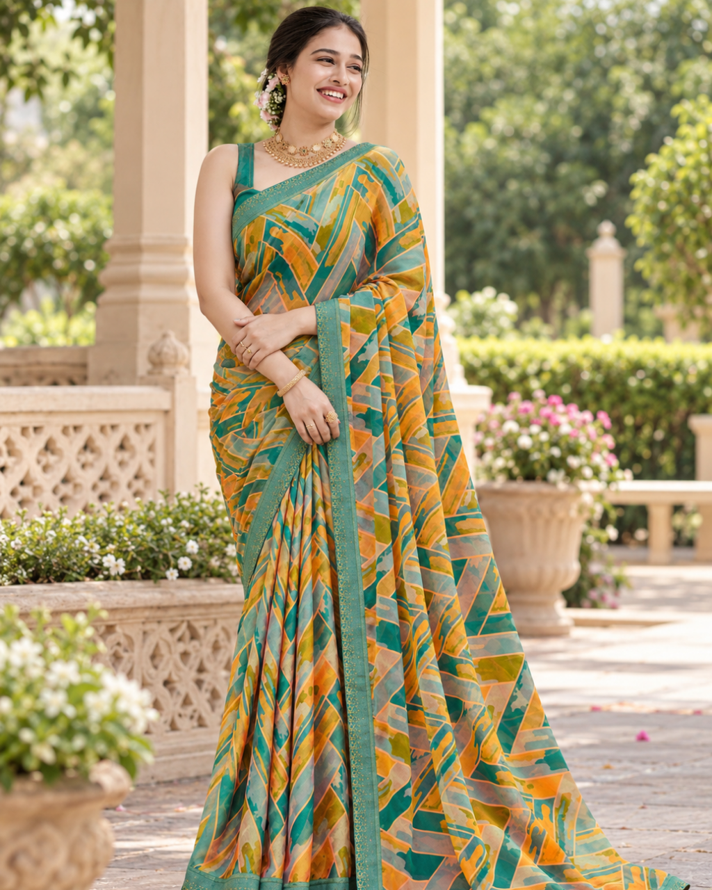 Teal Amber Abstract Mosaic Saree
