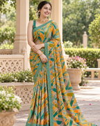 Teal Amber Abstract Mosaic Saree