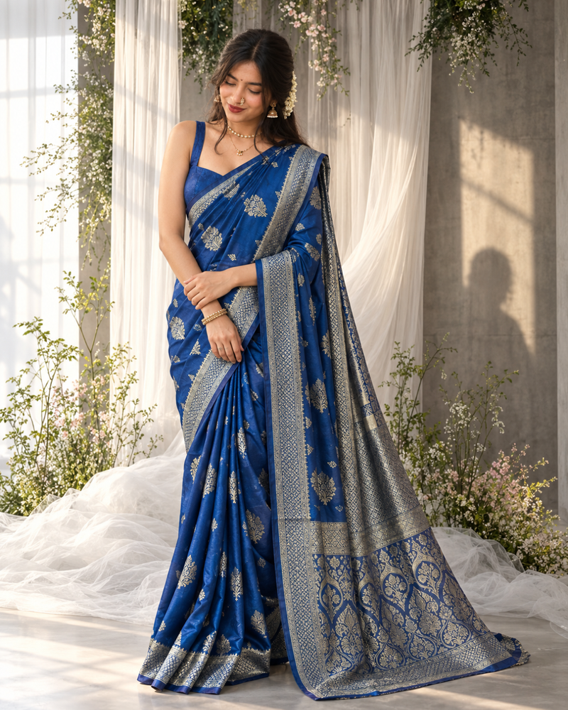 Royal Cobalt Zari Butti Banarasi Silk Saree