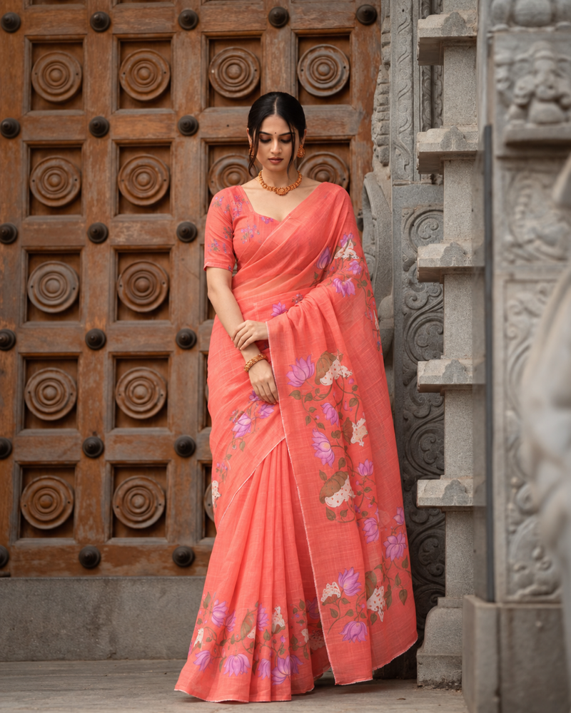Coral Rose Hand-Painted Lotus Linen Saree