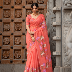 Coral Rose Hand-Painted Lotus Linen Saree