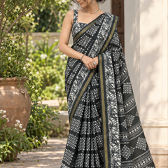 Charcoal Black Batik Bandhani Chanderi Saree