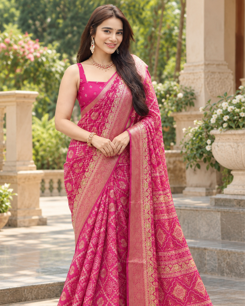 Rani Pink Royal Bandhani Brocade Premium Silk Saree