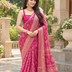 Rani Pink Royal Bandhani Brocade Premium Silk Saree