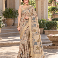 Beige Fawn Kalamkari Lotus Vine Premium Silk Saree