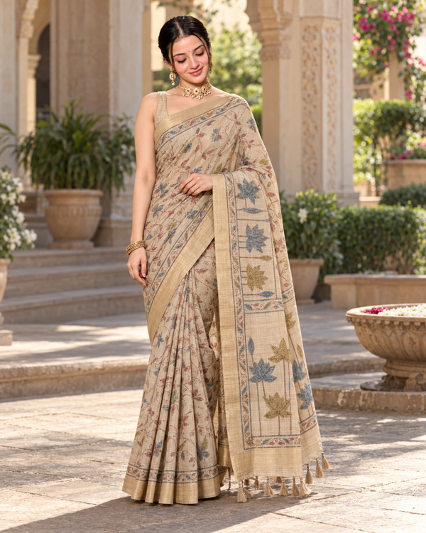 Beige Fawn Kalamkari Lotus Vine Premium Silk Saree