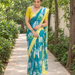 Aqua Marble Wash Floral Chanderi Saree