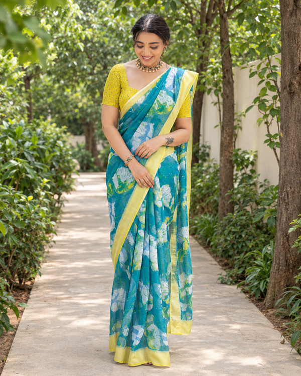 Aqua Marble Wash Floral Chanderi Saree