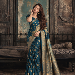 Peacock Blue Floral Zari Silk Saree