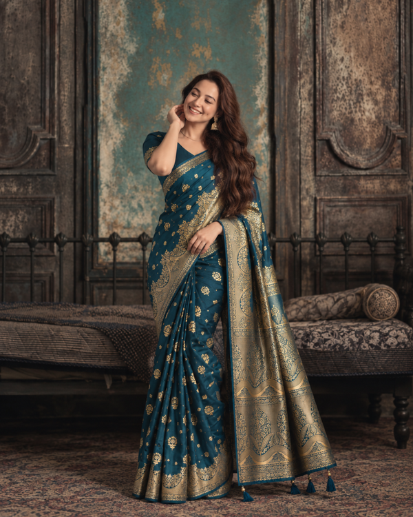 Peacock Blue Floral Zari Silk Saree