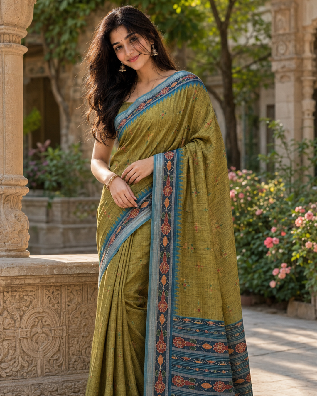Antique Olive Gold Peacock Blue Border Premium Silk Saree