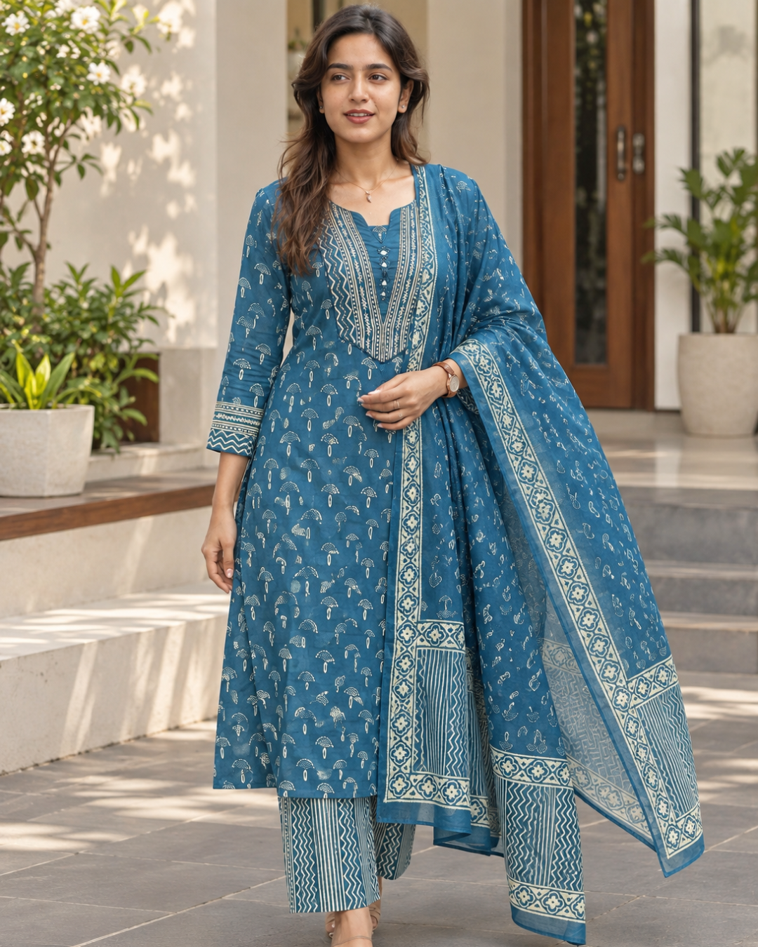 Teal Blue Tribal Printed Kurti Set